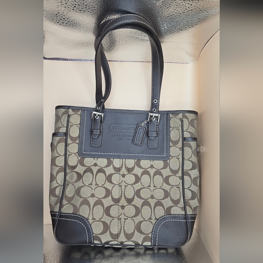 Coach Khaki & Chocolate Signature Canvas Tote
